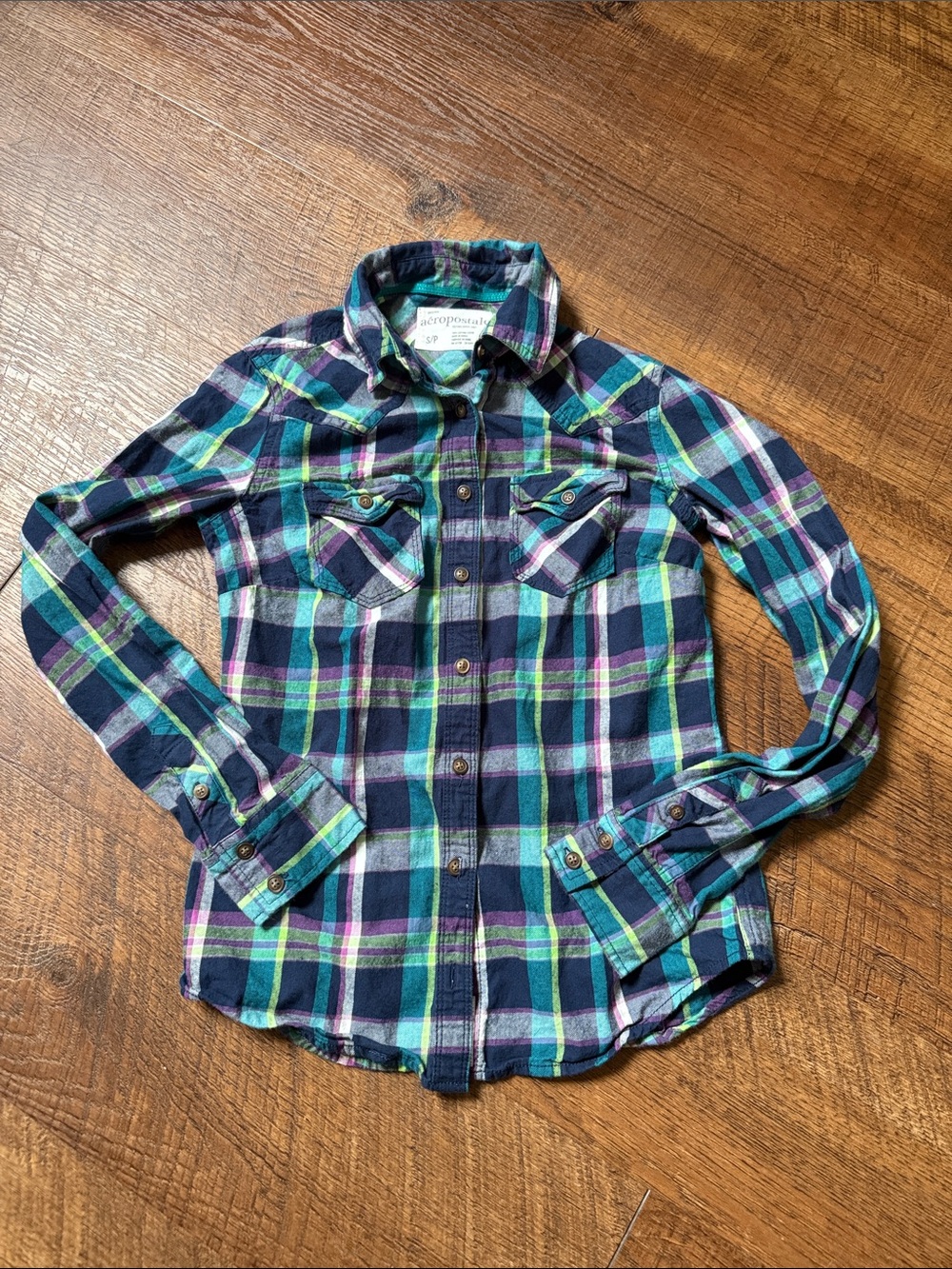 Aéropostale Plaid Flannel Shirt Women’s S/P Teal Purple Navy Button Down Y2K